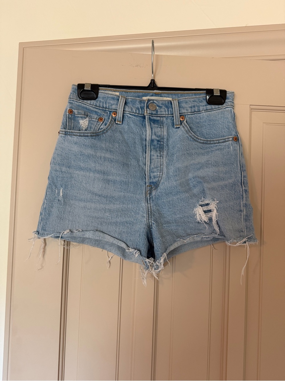 Levi's Light Blue Ribcage Distressed Denim Cutoff Shorts